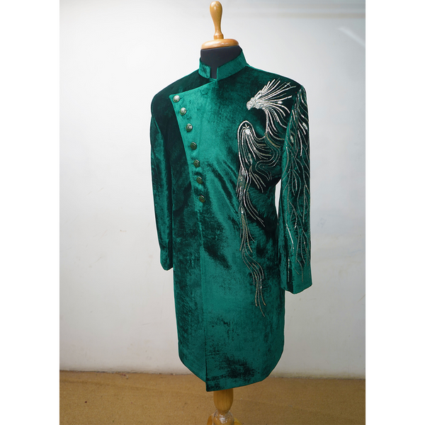 Emerald Green Velvet Indo-Western Sherwani | Designer Embroidered Men’s Wedding Wear
