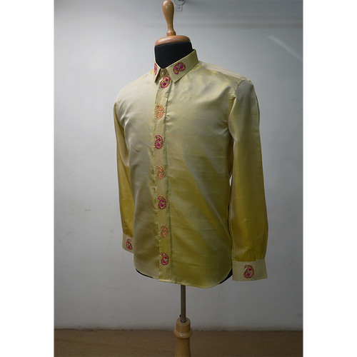 Pastel Yellow Embroidered Festive Shirt for Men | Traditional Silk-Blend Ethnic Wear