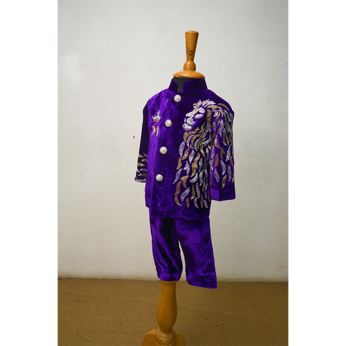 Royal Purple Velvet Embroidered Coat Pant Set for Boys | Kids Festive Wear