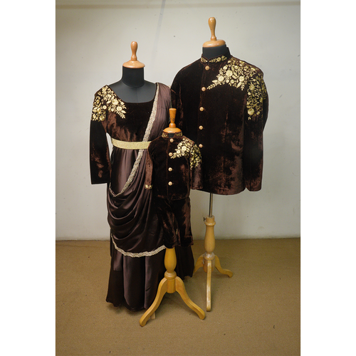 Chocolate Brown Velvet Embroidered Family Combo | Mom–Dad–Son Outfit Set
