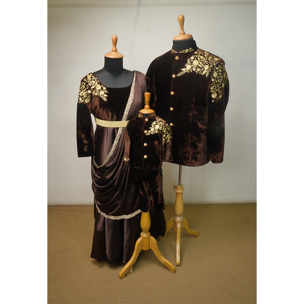 Chocolate Brown Velvet Embroidered Family Combo | Mom–Dad–Son Outfit Set