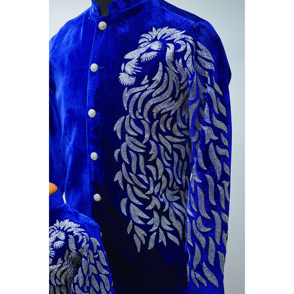 Royal Blue Velvet Family Ensemble with Silver Leaf Embroidery