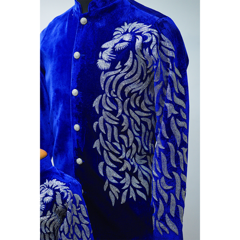 Royal Blue Velvet Family Ensemble with Silver Leaf Embroidery