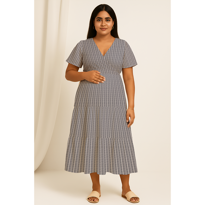 Misty Grey Pinstripe Cotton Customised Maternity Wear.