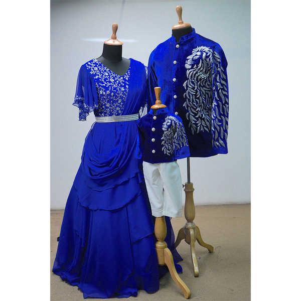Royal Blue Velvet Family Matching Set with Silver Leaf Embroidery – Mom Gown, Dad Kurta, Boy Outfit
