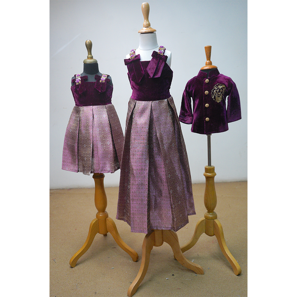 Purple velvet and jacquard brocade coordinated ethnic sibling set – girls’ pleated dresses and boy’s embroidered jacket
