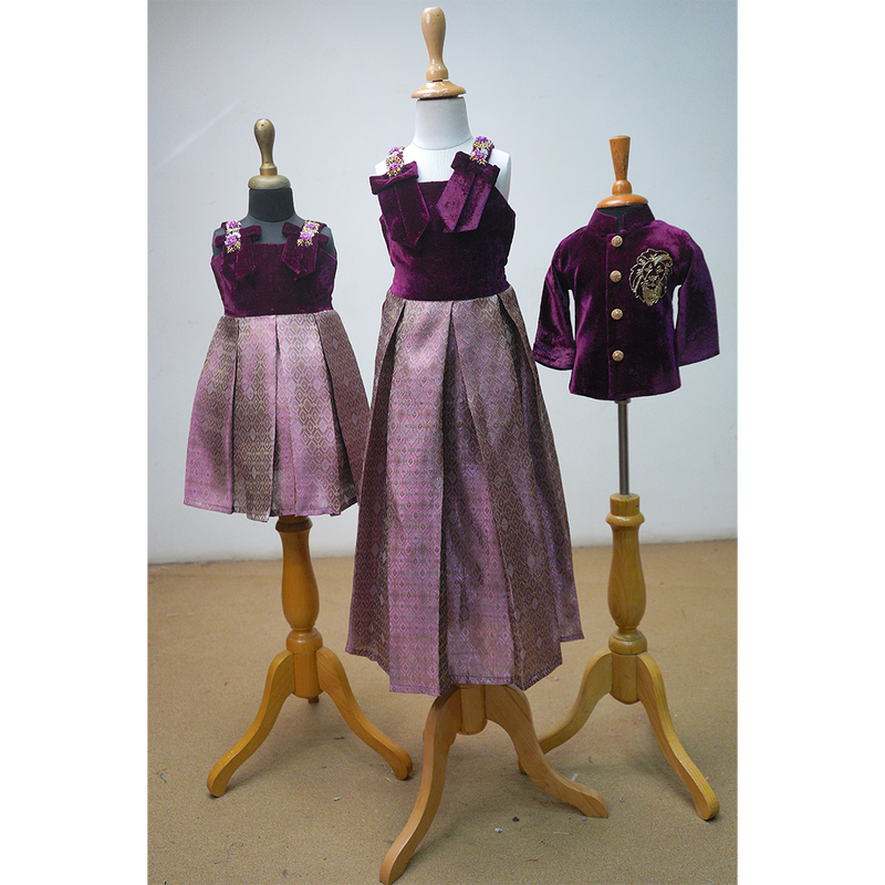 Purple velvet and jacquard brocade coordinated ethnic sibling set – girls’ pleated dresses and boy’s embroidered jacket