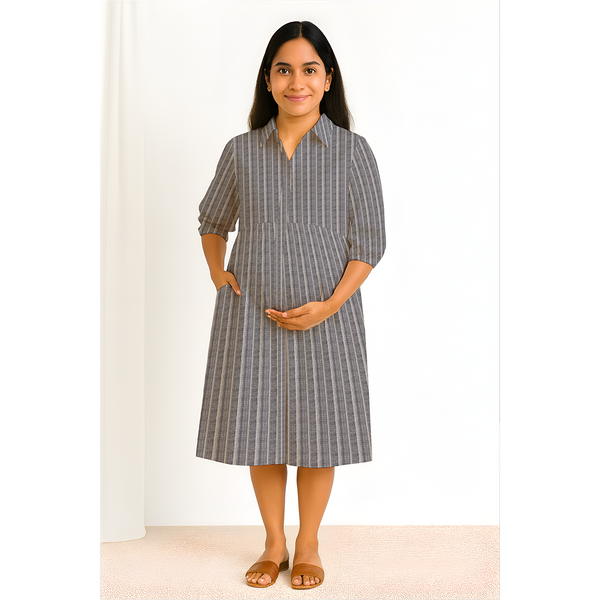 Misty Grey Pinstripe Cotton Customised Maternity Wear.