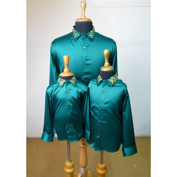 Emerald Green Family Matching Embroidered Collar Satin Shirts – Dad, Mom & Kids Outfit Set