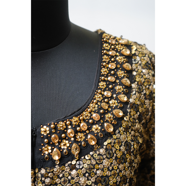 Black & Gold Banarasi Couple Ethnic Set – Jacket Style Gown & Sherwani