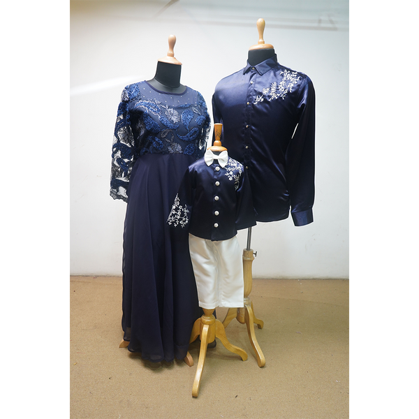Elegant Navy Blue Family Matching Outfit Set – Embroidered Festive Wear