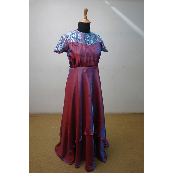 Elegant Wine & Teal Shimmer Party Gown for Girls – Pleated Bodice & Layered Flare