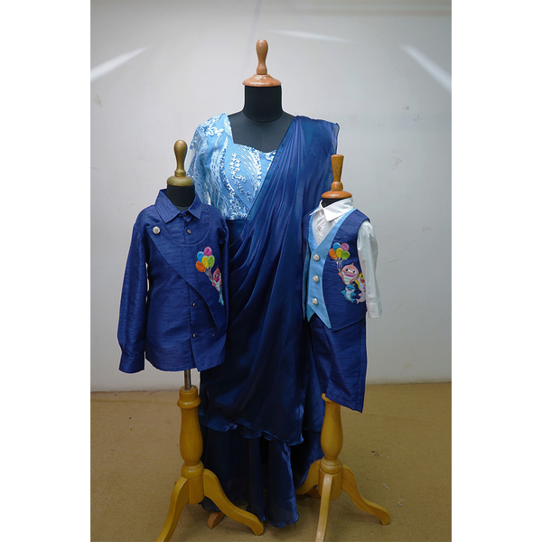 Royal Blue Family Twinning Set – Mom Saree Gown & Kids Embroidered Partywear Outfit