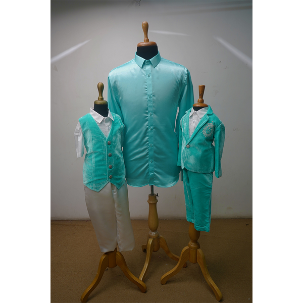 Aqua Blue Family Matching Outfit Set – Dad Shirt, Boys Ethnic Set & Kids Suit | Premium Satin & Velvet Family Coordination Wear