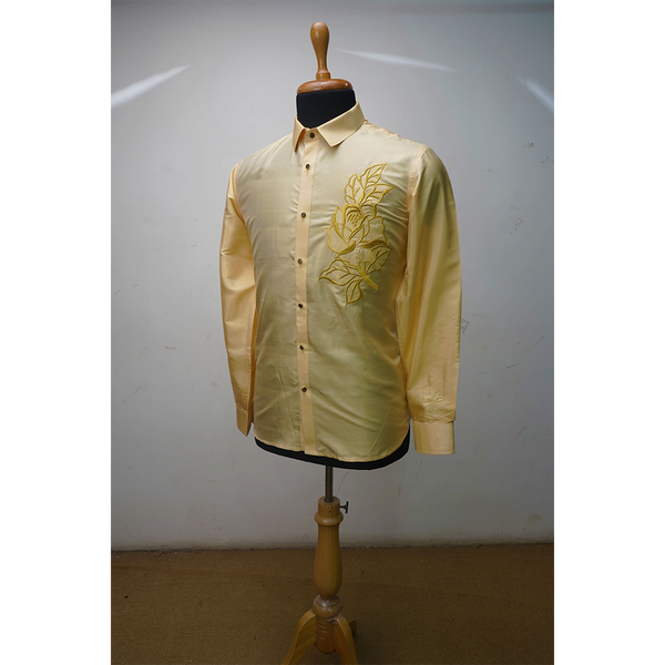 Silk Finish Yellow Embroidery Shirt – Traditional Festive Outfit for Men