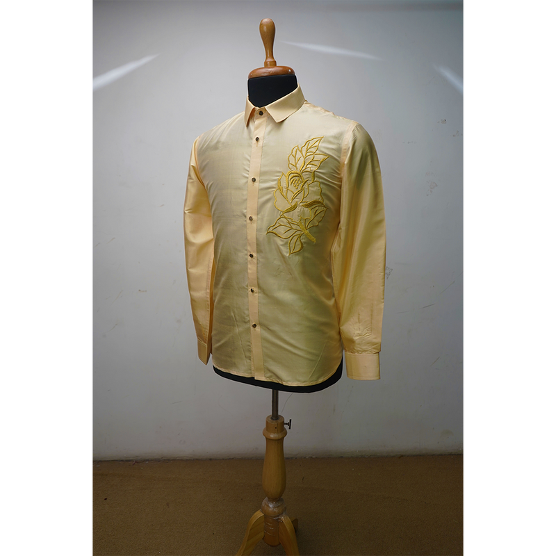 Silk Finish Yellow Embroidery Shirt – Traditional Festive Outfit for Men
