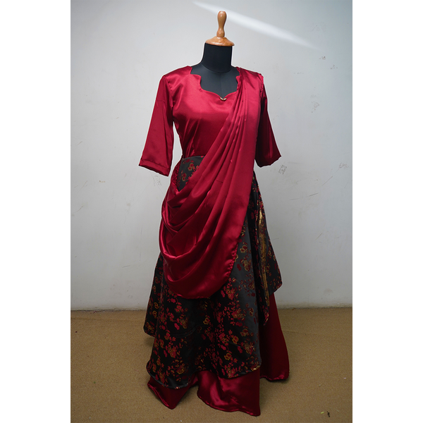 Wine Drape Gown With Black Floral Skirt – Women’s Festive Outfit