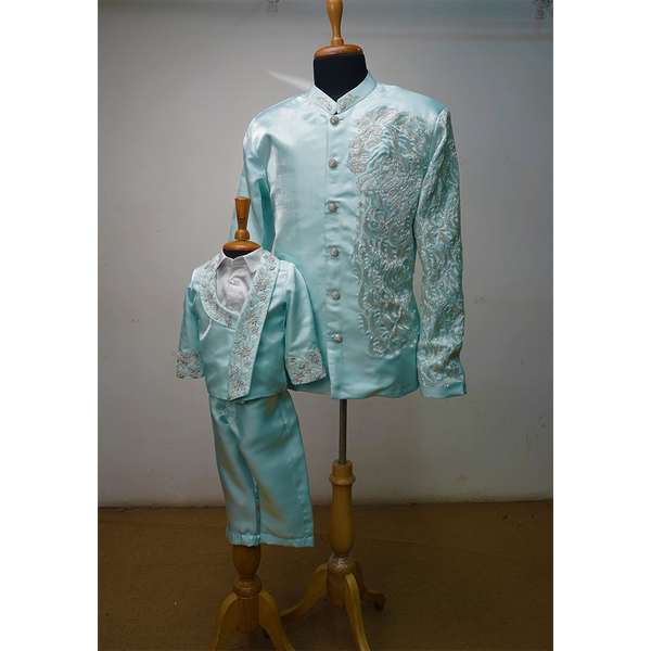 Aqua Blue Embroidered Coat Set – Father & Son Twinning Outfit