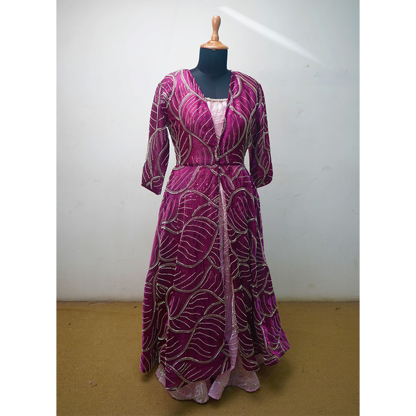 Magenta Embroidered Jacket Gown – Women’s Festive Outfit