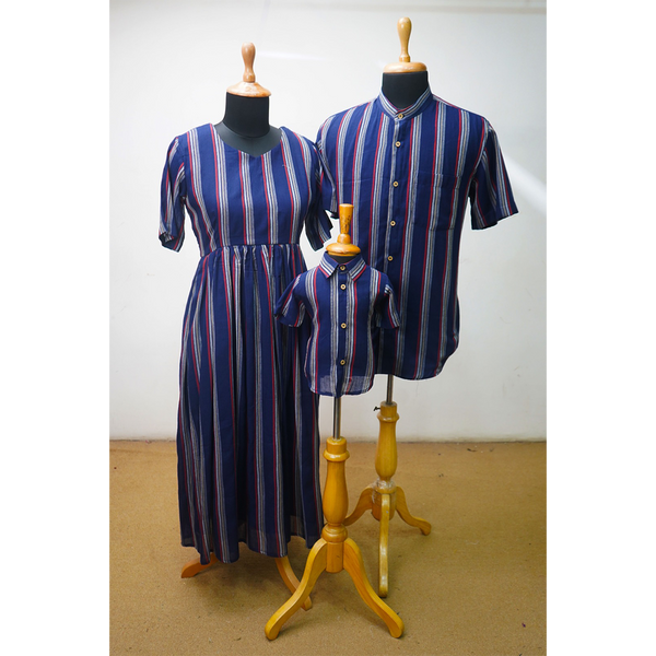 Coordinated Family Outfit Set in Blue Multi-Stripe – Mom, Dad & Kid Collection