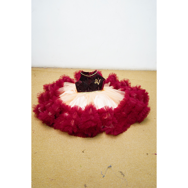 Maroon & Peach Premium Tulle Party Frock for Baby Girls | Designer Birthday & Celebration Dress