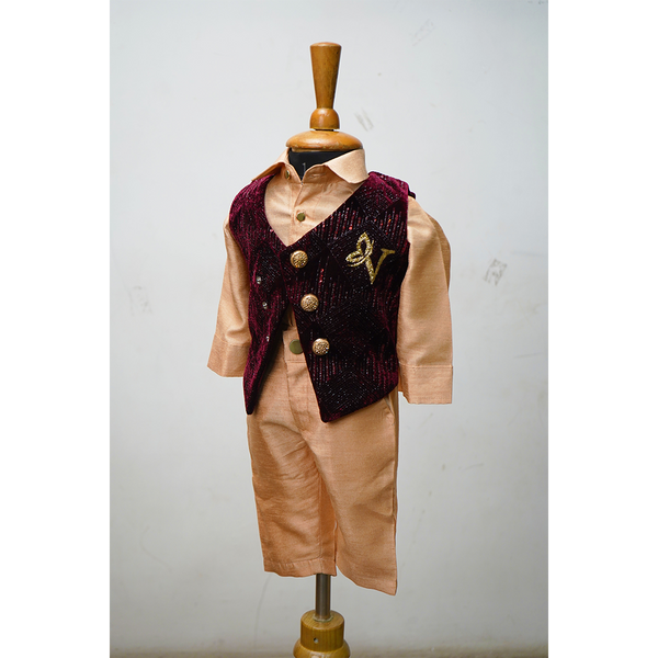Peach & Maroon Velvet Boys Ethnic Festive Set | Premium Kids Kurta, Waistcoat & Pant Outfit