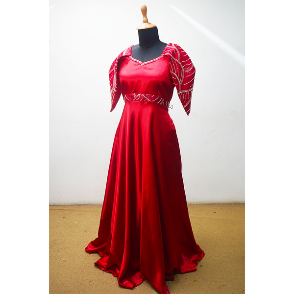 Elegant Red Designer Gown with Embellished Sleeves  Party & Evening Wear