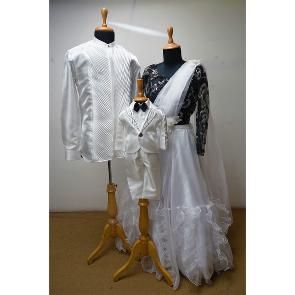 Elegant Family White Celebration Outfit Set – Men’s Kurta, Women’s Sequin Saree Gown & Baby Boy Tuxedo Suit