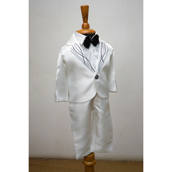 Elegant Family White Celebration Outfit Set – Men’s Kurta, Women’s Sequin Saree Gown & Baby Boy Tuxedo Suit