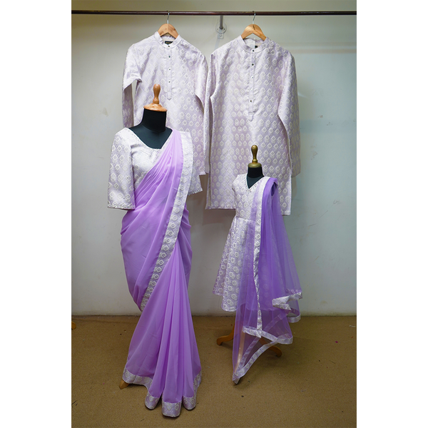 Lavender Family Matching Ethnic Outfit Set – Saree, Kurta & Kids Dress | Festive & Wedding Wear