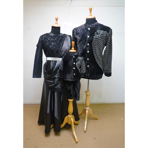 Premium Black Velvet Family Matching Ethnic Set – Men’s Indo-Western, Women’s Gown Saree & Kids Embroidered Suit