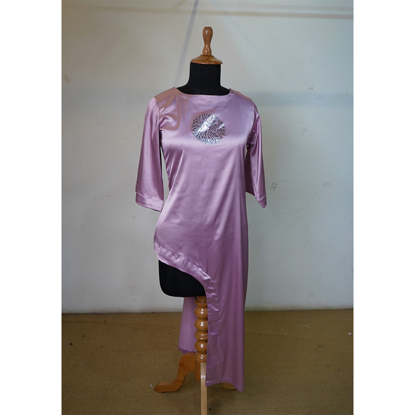 Lavender Satin Asymmetric Kurti With Embroidered Motif