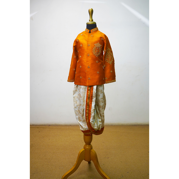 Boys Traditional Orange Kurta & Dhoti Set – Embroidered Festive Ethnic Wear for Weddings & Celebrations