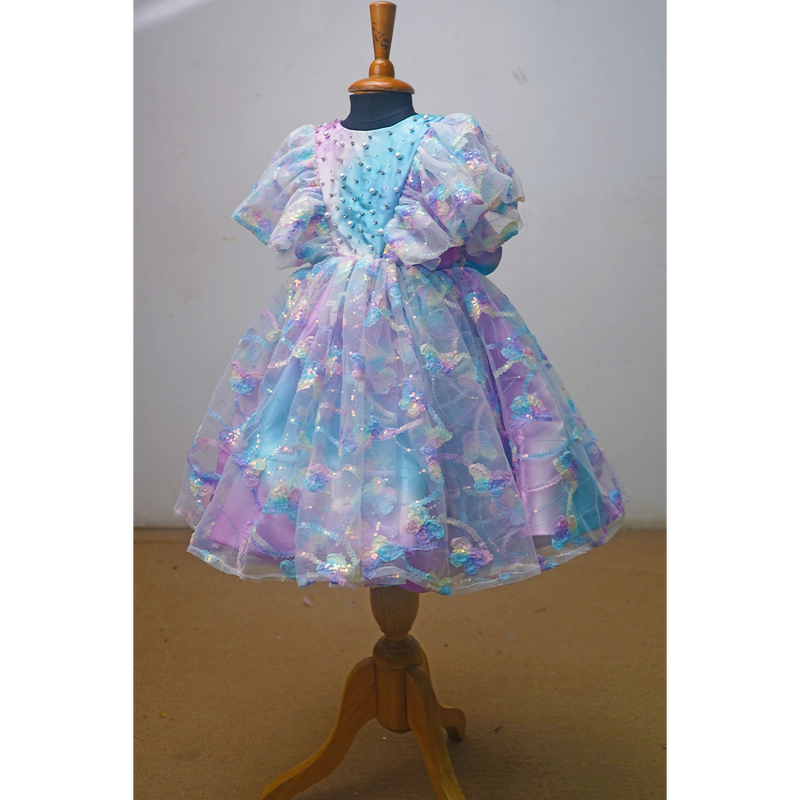 Unicorn-Themed Pastel Birthday Frock for Girls – Layered Tulle & Sequin Detailing