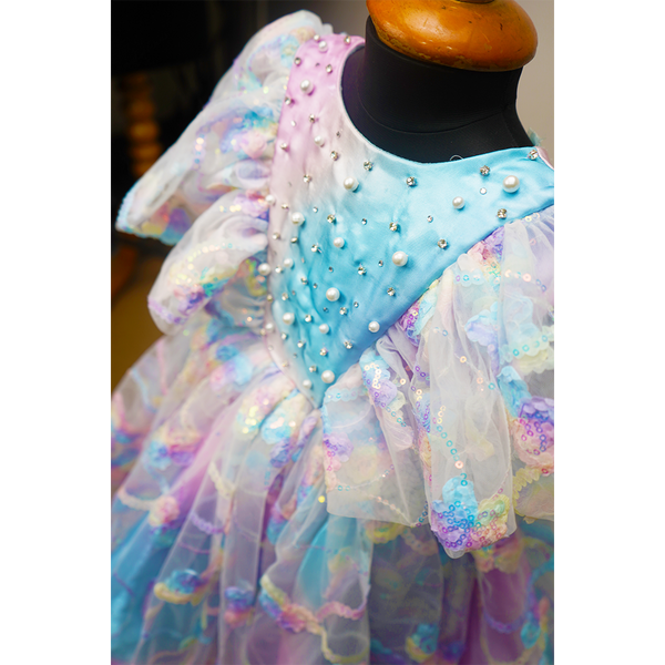 Unicorn-Themed Pastel Birthday Frock for Girls – Layered Tulle & Sequin Detailing