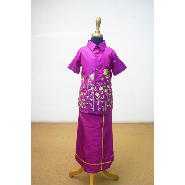 Beautiful Kids Magenta Shirt & Veshti Set designed for weddings, festivals, temple visits, ethnic day & cultural celebrations.