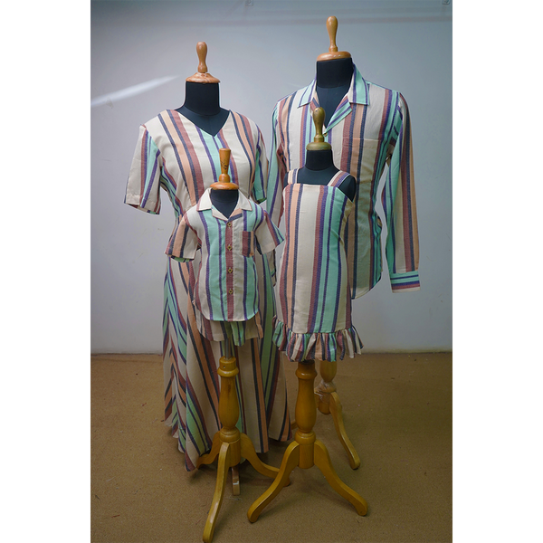 Premium Family Matching Multicolor Striped Cotton Outfit Set – Mom, Dad, Boy & Girl