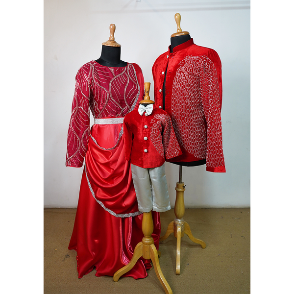 Royal Red Family Matching Outfit Set – Designer Embroidered Couple & Kids Ethnic Wear