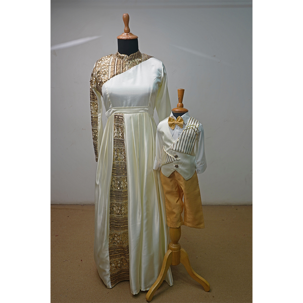 White & Gold Family Matching Dress Set – Elegant Mom Gown & Boys Formal Wear