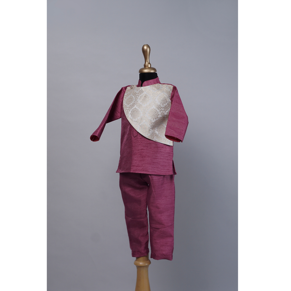 Boys' Magenta Silk Kurta Set with Brocade Overlay – Traditional Kids Wear