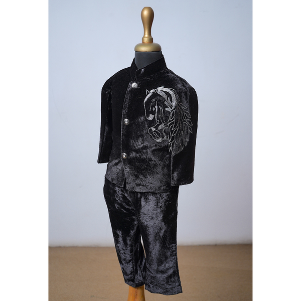 Majestic Horse Velvet Bandhgala Set