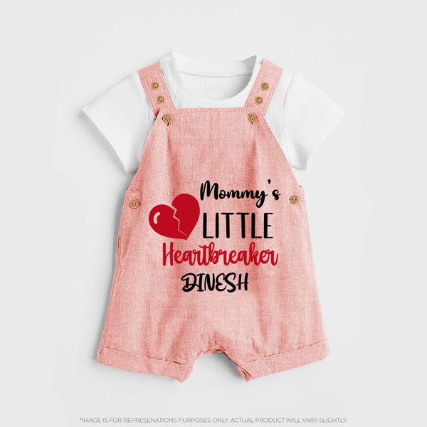 Mommy's Little Heartbreaker - Valentine's Day Themed Customized Dungaree Set For Kids - PEACH - 0 - 5 Months Old (Chest 18")