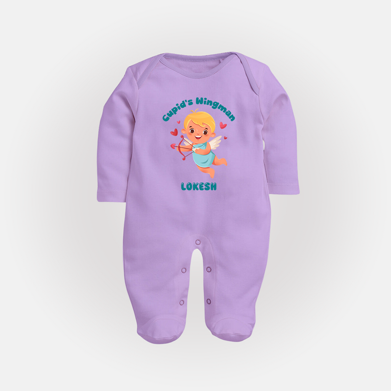 Cupid's WingMan - Valentine's Day Themed Customized Sleep Suit For Babies - LILAC - New Born (Chest 7.5")