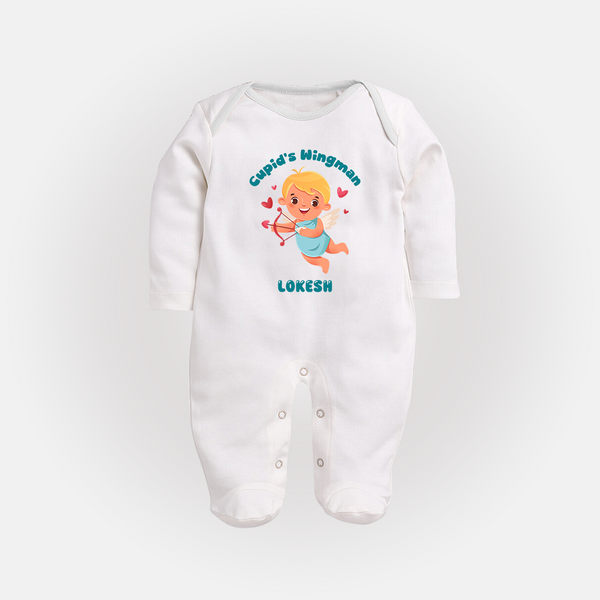 Cupid's WingMan - Valentine's Day Themed Customized Sleep Suit For Babies - WHITE - New Born (Chest 7.5")