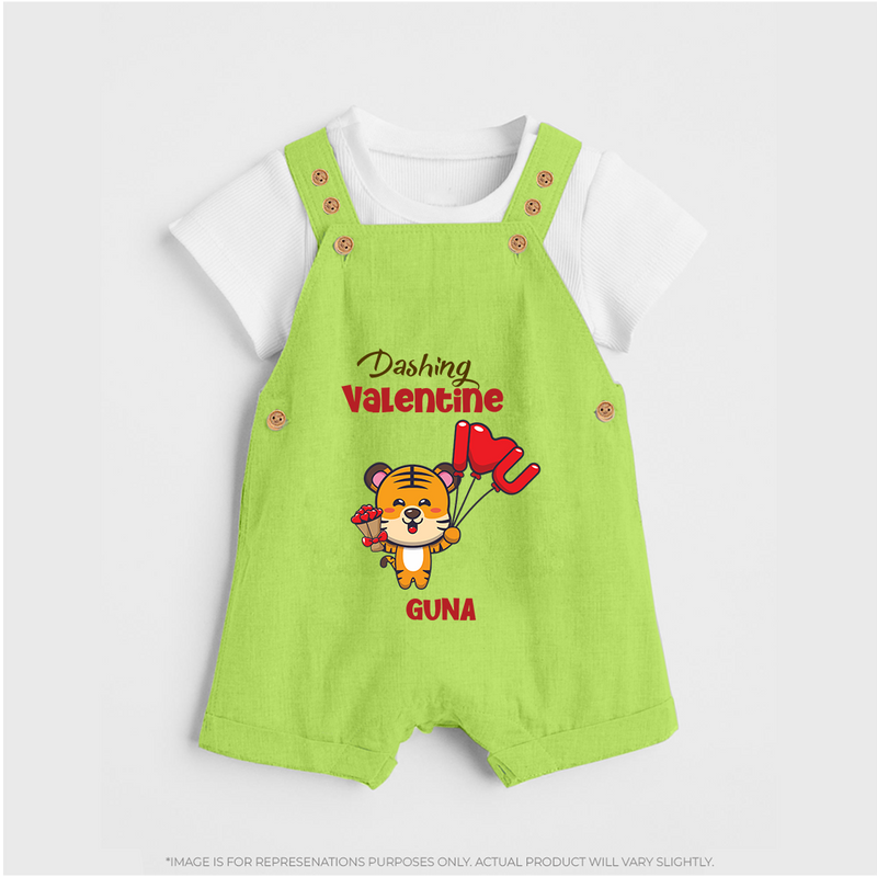 Dashing Valentine - Valentine's Day Themed Customized Dungaree Set For Kids - GREEN - 0 - 5 Months Old (Chest 18")