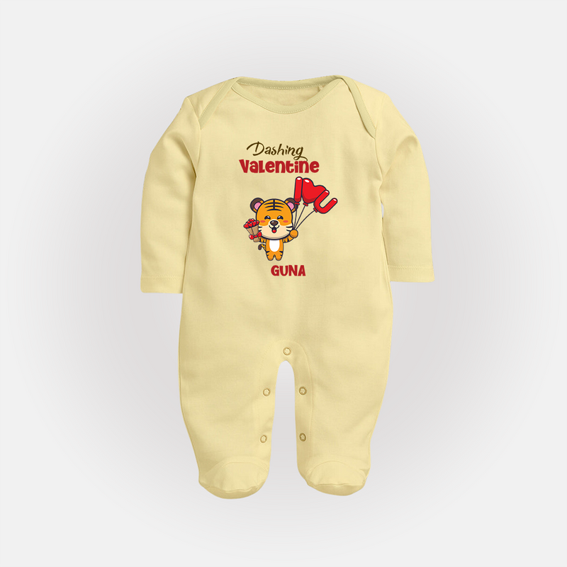 Dashing Valentine - Valentine's Day Themed Customized Sleep Suit For Babies - PASTEL YELLOW - New Born (Chest 7.5")