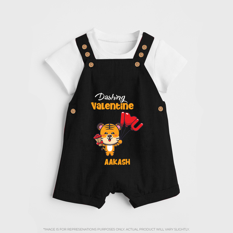 Dashing Valentine - Valentine's Day Themed Customized Dungaree Set For Kids - BLACK - 0 - 5 Months Old (Chest 18")