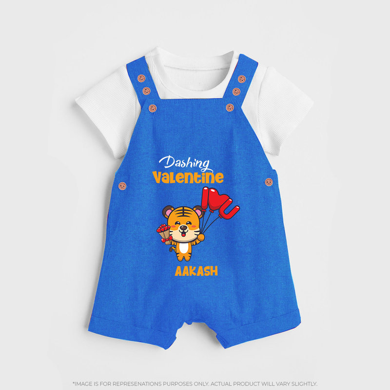 Dashing Valentine - Valentine's Day Themed Customized Dungaree Set For Kids - COBALT BLUE - 0 - 5 Months Old (Chest 18")