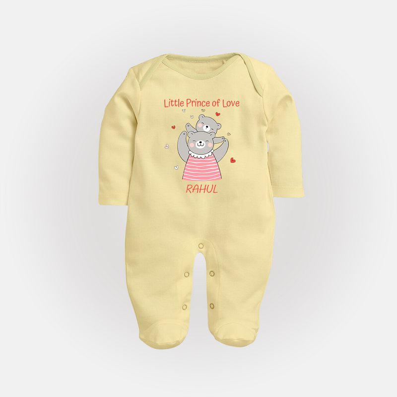 Little Prince Of Love - Valentine's Day Themed Customized Sleep Suit For Babies - PASTEL YELLOW - New Born (Chest 7.5")