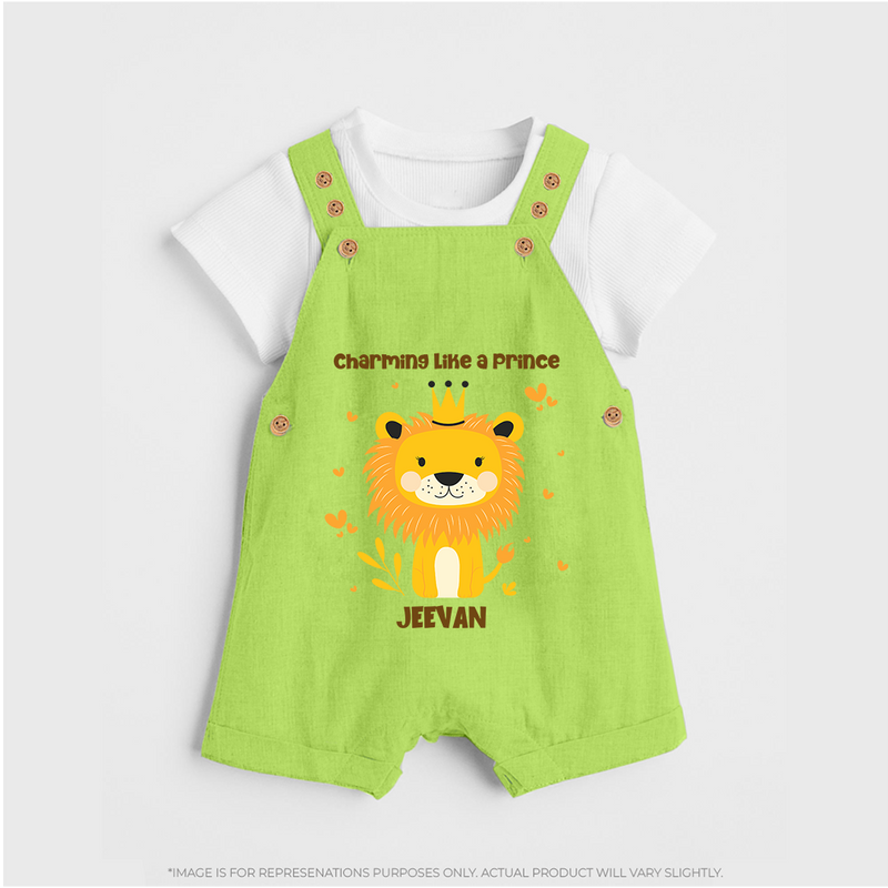 Charming Like A Prince - Valentine's Day Themed Customized Dungaree Set For Kids - GREEN - 0 - 5 Months Old (Chest 18")